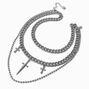 Rhodium Silver-tone Mixed Chain Dagger &amp; Cross Multi-Strand Necklace,