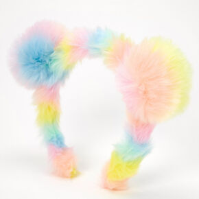Pastel Rainbow Bear Furry Pom Pom Ears Headband,