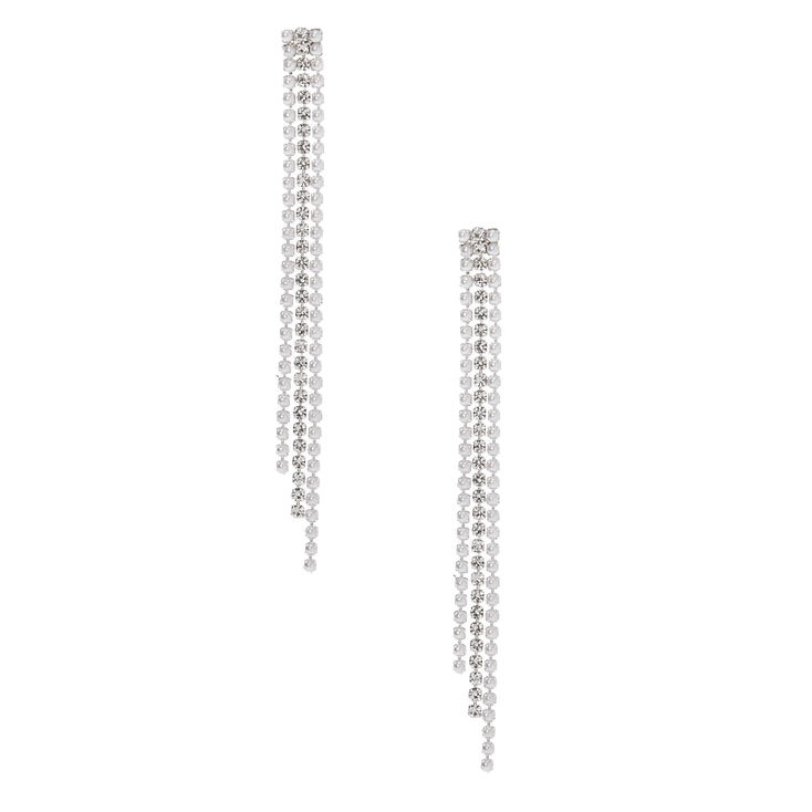 Silver Rhinestone & Pearl 3" Chain Drop Earrings,