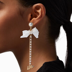 &quot;Mrs.&quot; White Bow &amp; Pearl 4&quot; Linear Drop Earrings,