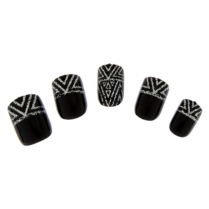 Black with Geometric Silver Glitter Tips Instant Nails,