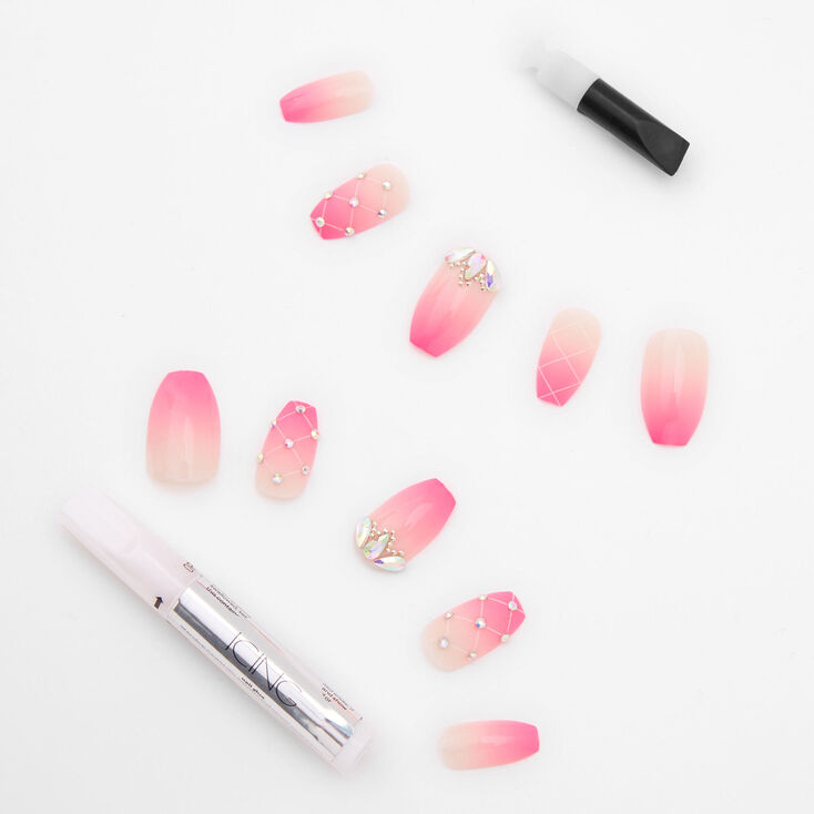 Bright Pink Ombre Crystal Square Faux Nail Set 24 Pack Icing Us Pink marble, french ombre, glitter and crystals on long coffin nails, matte cherry bomb is shown in medium square. bright pink ombre crystal square faux nail set 24 pack