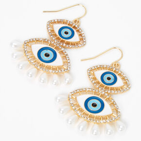 Gold 2&quot; Double Evil Eye Pearl Drop Earrings - Blue,