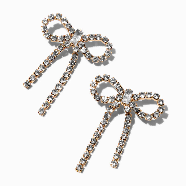 Gold-tone Rhinestone Bow 1&quot; Drop Earrings,