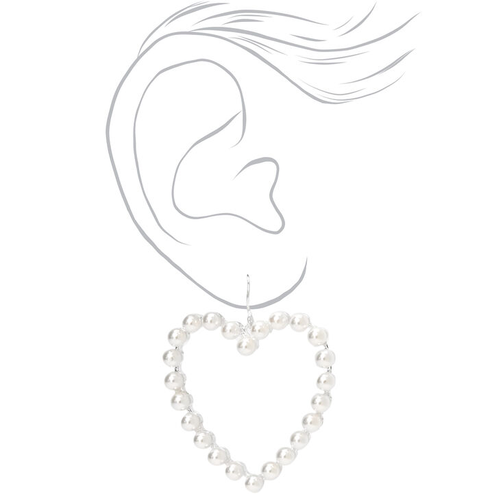 Silver 1.5&quot; Pearl Open Heart Drop Earrings,