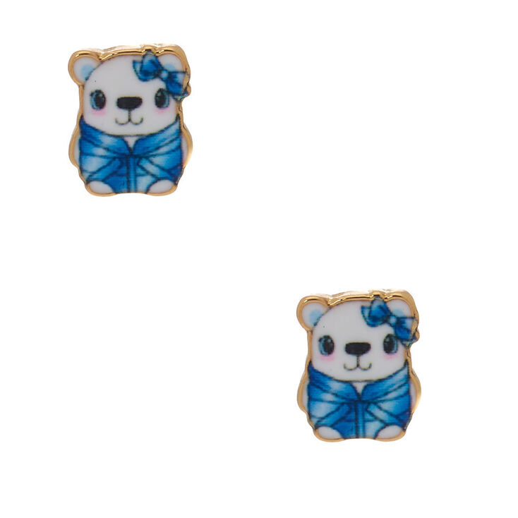 Sterling Silver Polar Bear Stud Earrings - Blue,