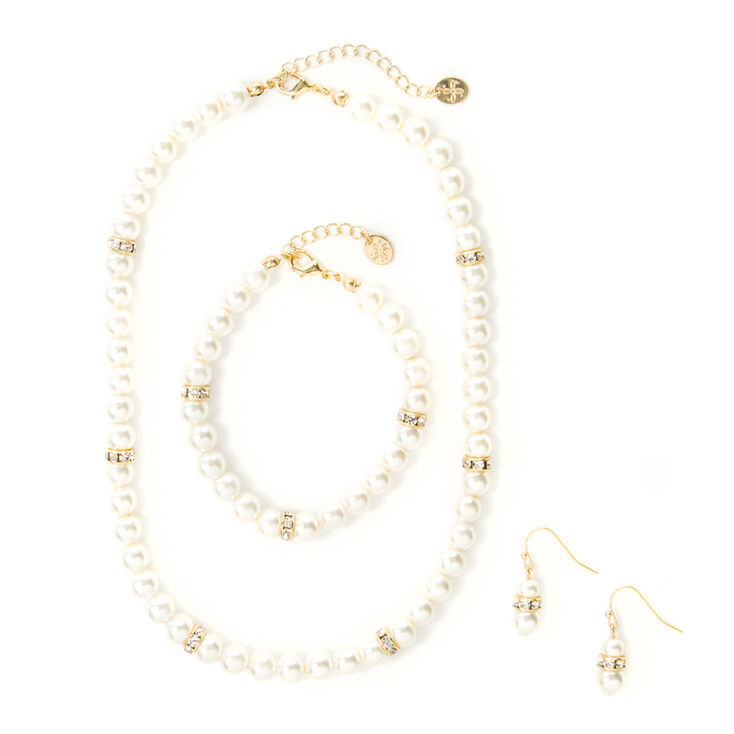 Pearl & Crystal Eternity Band Necklace, Bracelet & Drop Earrings Set of 3,