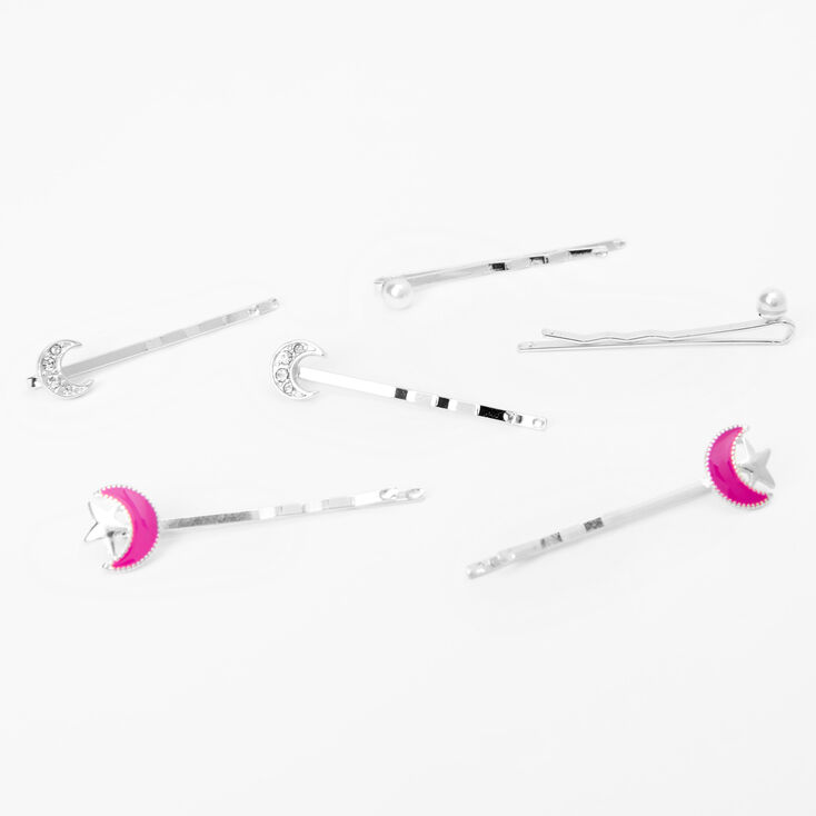 Silver Celestial Moon and Stars Bobby Pins - 6 Pack,