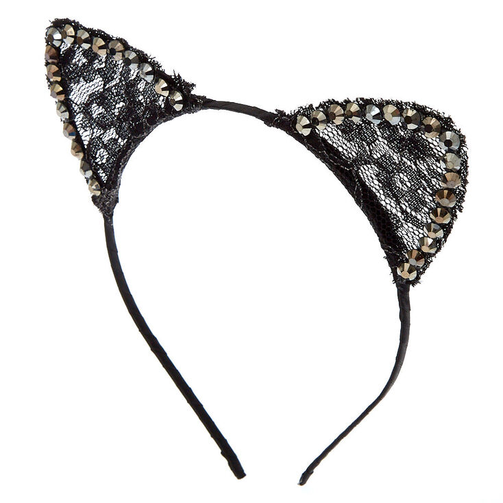 Lace Stone Cat Ears Headband - Black,