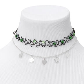 Silver &amp; Black Shamrock Mixed Choker Necklaces - 2 Pack,