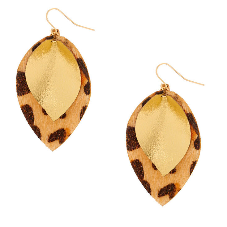 Gold 2" Leopard Print Drop Earrings,