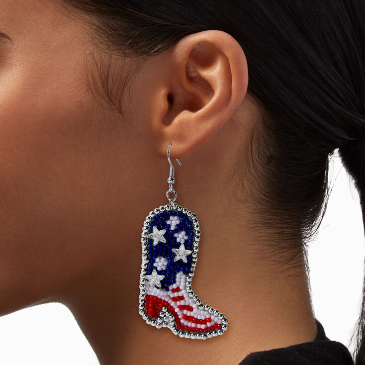 American Flag Beaded Cowboy Boot Drop Earrings,