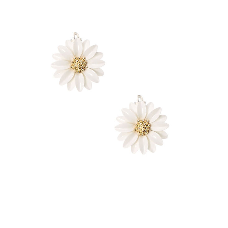 White Daisy Clip On Stud Earrings,
