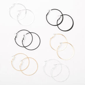 Mixed Metal 50MM Sleek Textured Hoop Earrings - 6 Pack,