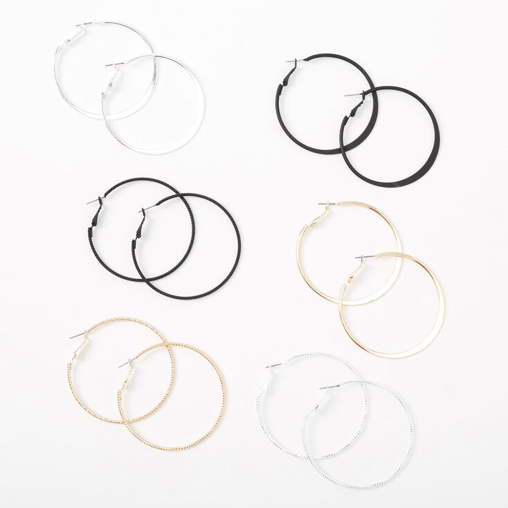 Mixed Metal 50MM Sleek Textured Hoop Earrings - 6 Pack,