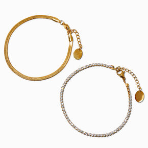 Gold-tone Stainless Steel Cubic Zirconia Snake &amp; Cup Chain Bracelets - 2 Pack,