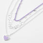 Silver &amp; Purple Heart Chain Multi Strand Necklace,