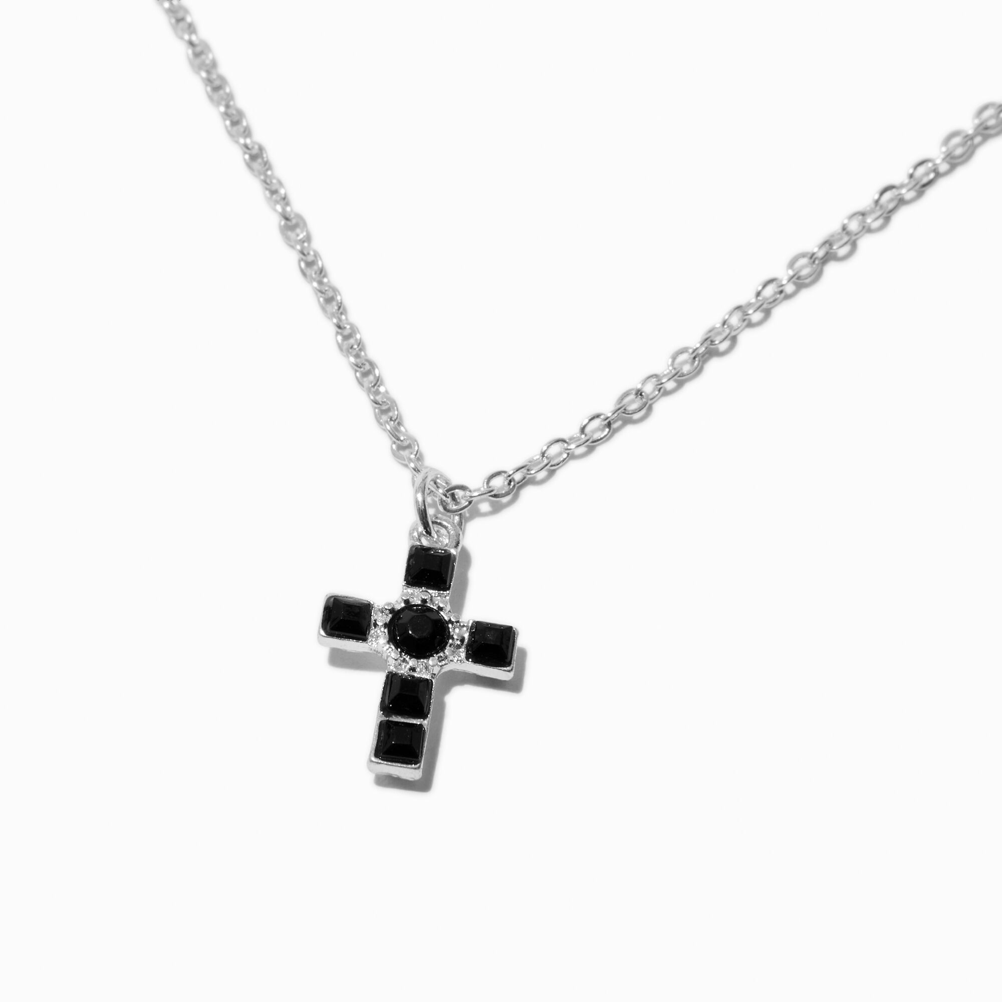 Black Crystal Silver tone Cross Pendant Necklace Icing US
