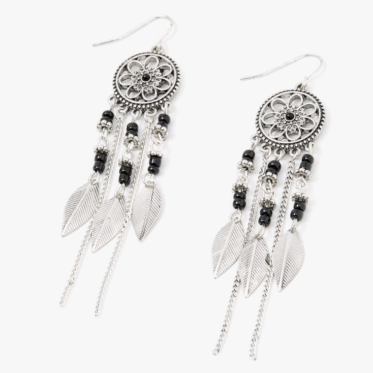 Silver 3&quot; Flower Beaded Dreamcatcher Drop Earrings,