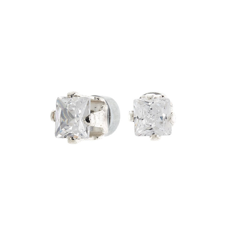 Silver Cubic Zirconia 3MM Square Magnetic Stud Earrings,