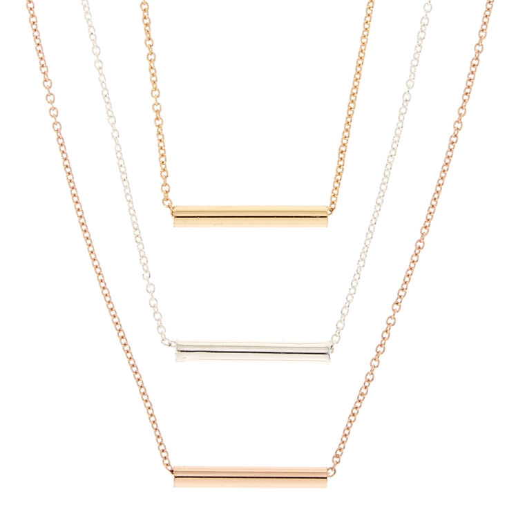 Mixed Metal Triple Layer Bar-Tube Necklace,
