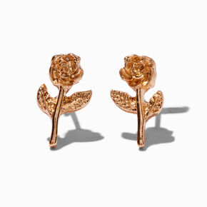 Gold-tone Rose Stem Stud Earrings ,