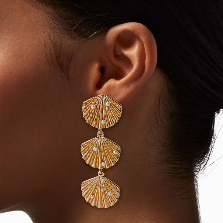 Gold-tone Pearl Embellished Seashell 2.5&quot; Linear Drop Earrings,