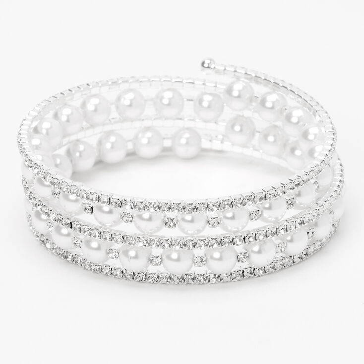 Rhinestone & White Pearl Coil Bracelet,