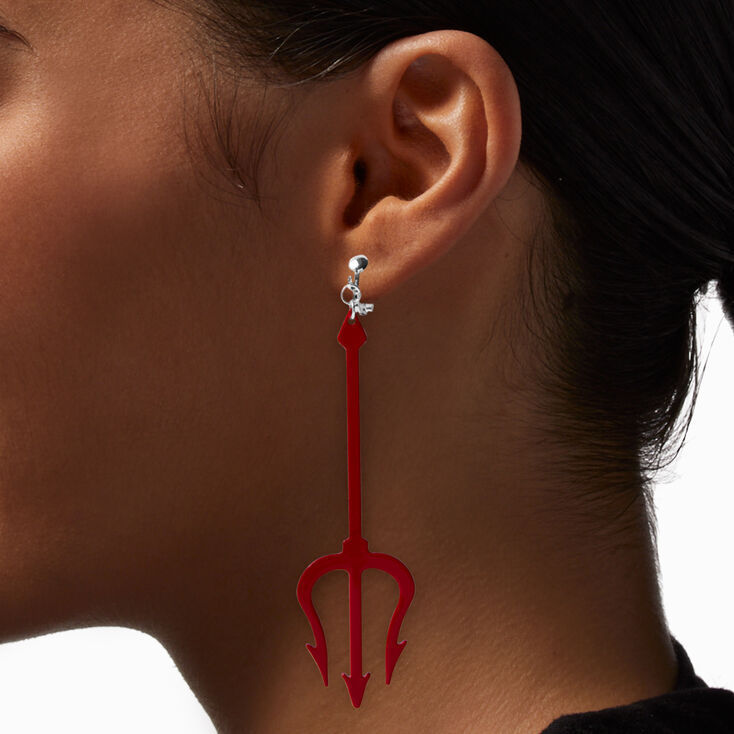 Red Devil Pitchfork 3&quot; Clip-On Drop Earrings ,