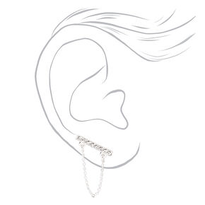 Silver Crystal Bar Chain Ear Crawler Earrings,