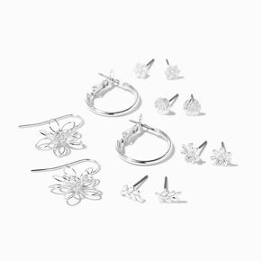 Silver Leaf &amp; Flower Earrings Set - 6 Pack,