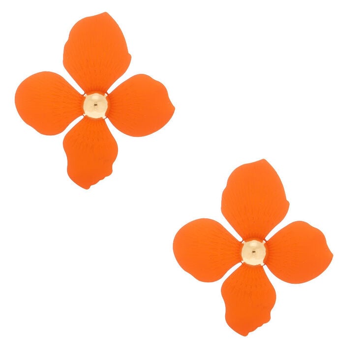 Gold 2" Flower Drop Earrings - Orange,