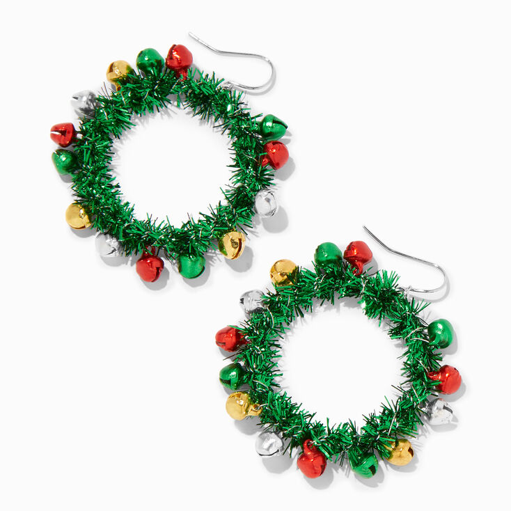 Christmas Silver 1&#39;&#39; Tinsel Wreath Hoop Earrings,