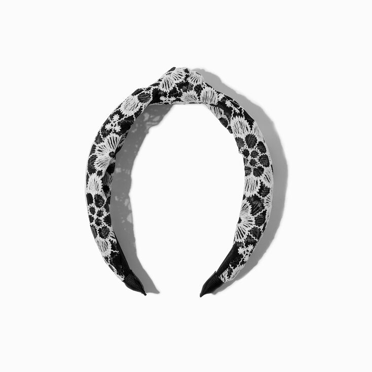 Black &amp; White Floral Embroidered Knotted Headband,