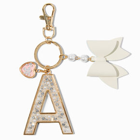 Pearl &amp; Crystal Gold-tone Initial Keychain - A,