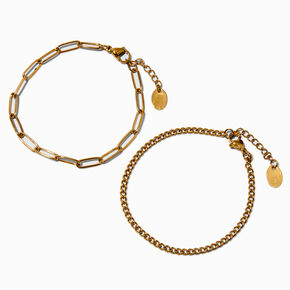 Gold-tone Stainless Steel Curb &amp; Paperclip Chain Bracelets - 2 Pack,