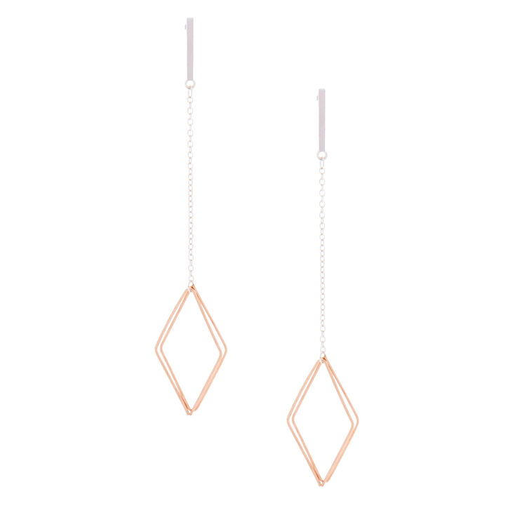 Mixed Metal 4" Double Diamond Drop Earrings,