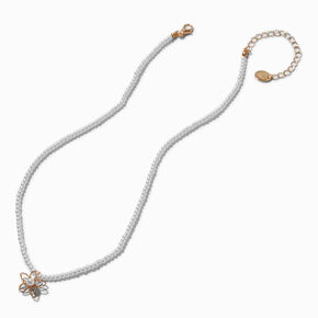 Gold-tone Wire Flower Faux Pearl Pendant Necklace ,