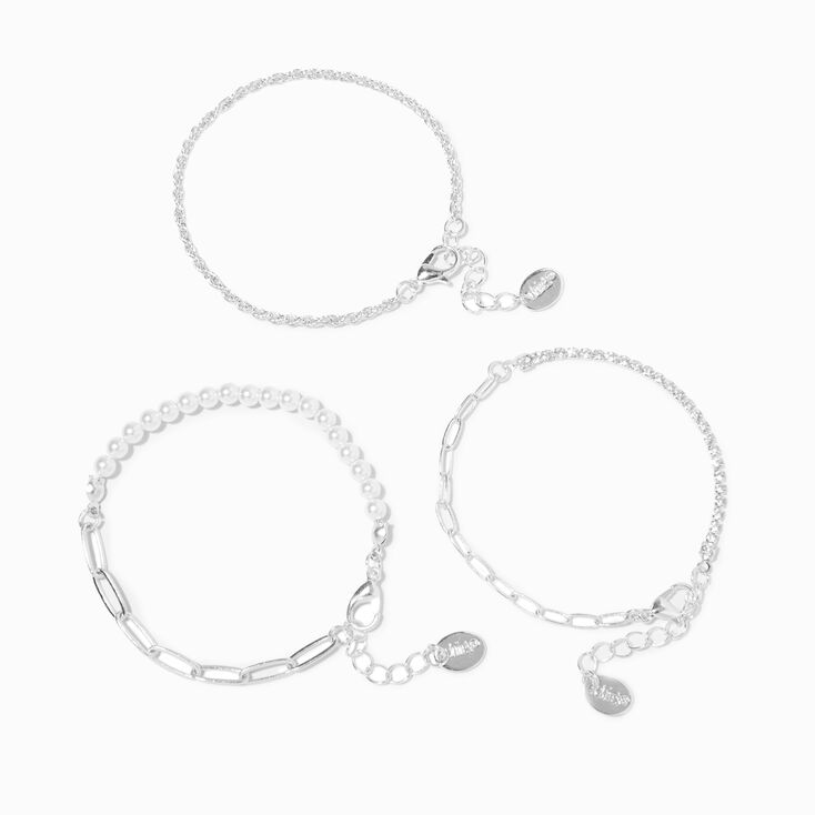 Silver Chainlink &amp; Pearl Bracelets - 3 Pack,