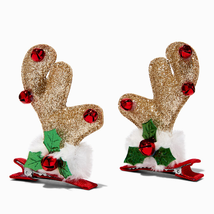 Reindeer Antlers &amp; Jingle Bells Hair Clips - 2 Pack,