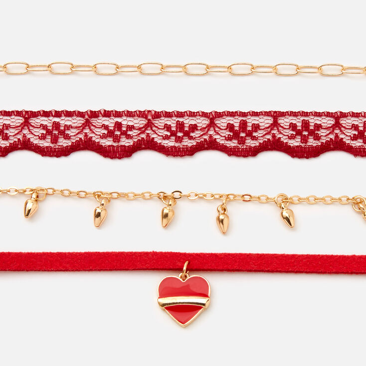 Red Enamel Heart Mixed Choker Necklaces - 4 Pack,