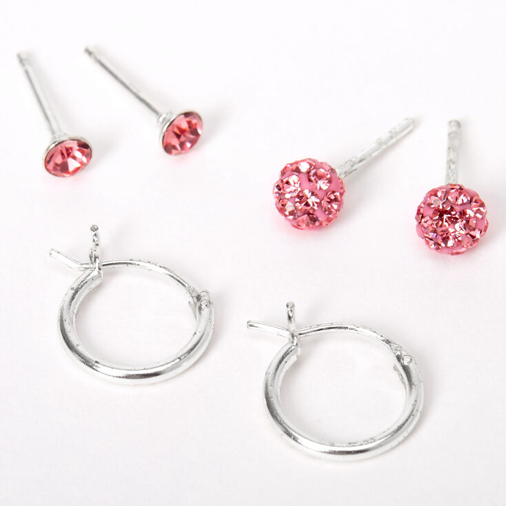 Sterling Silver Fireball Stud & Hoop Earrings - Pink, 3 Pack,