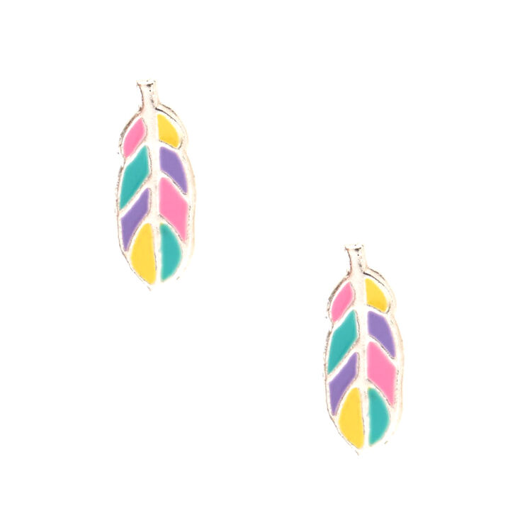 Sterling Silver Rainbow Feather Earrings,