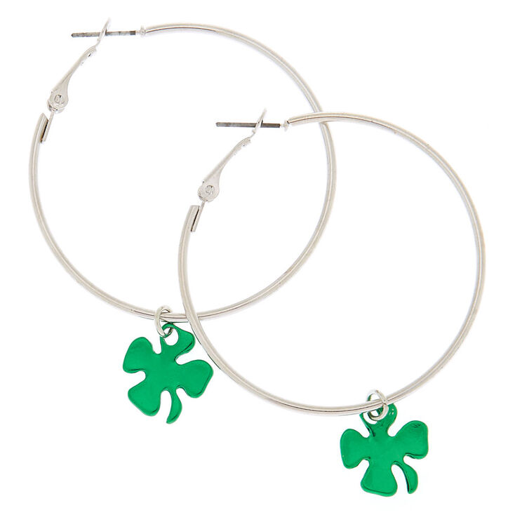 Silver 50MM Shamrock Hoop Earrings - Green,
