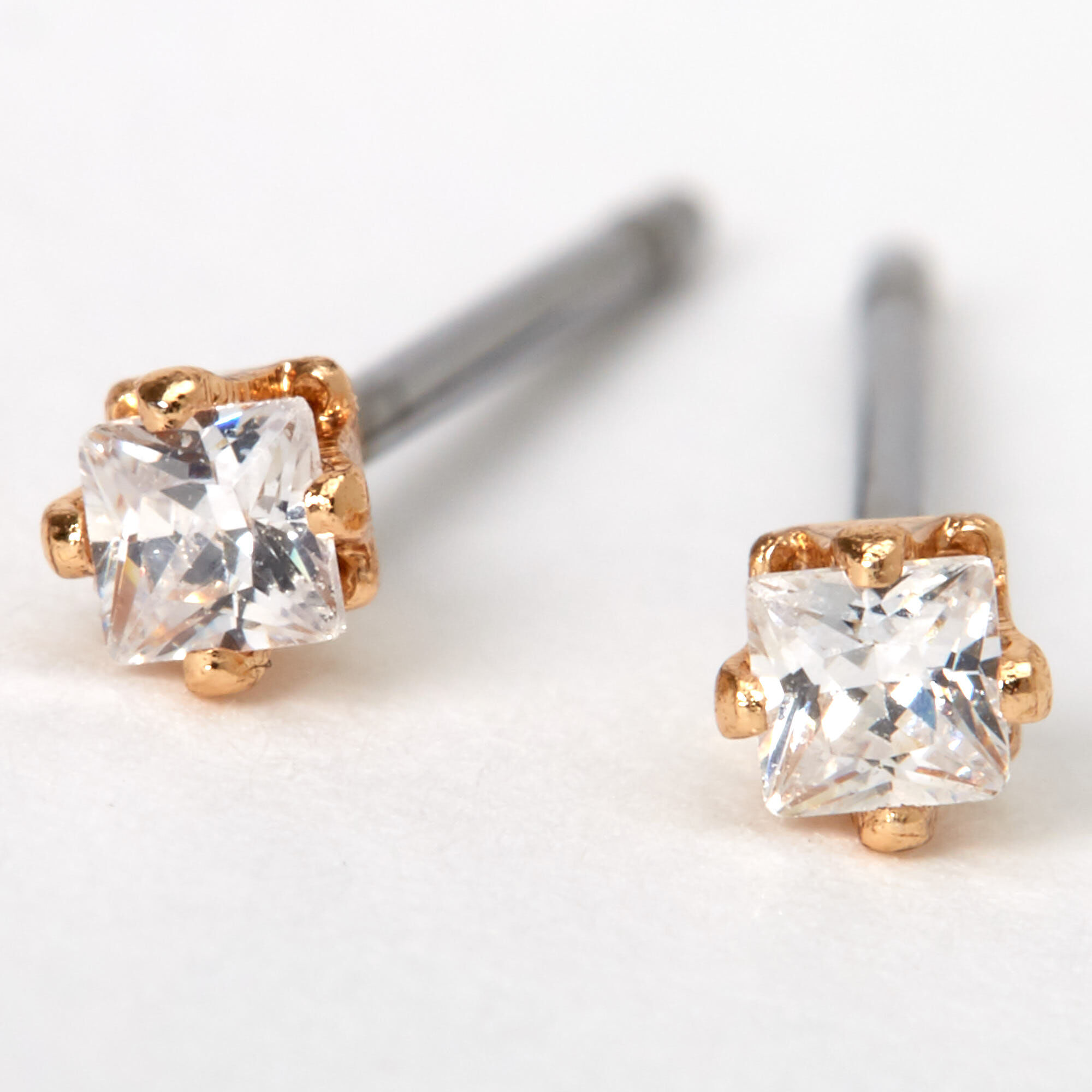 Gold Cubic Zirconia 2MM Square Stud Earrings | Icing US