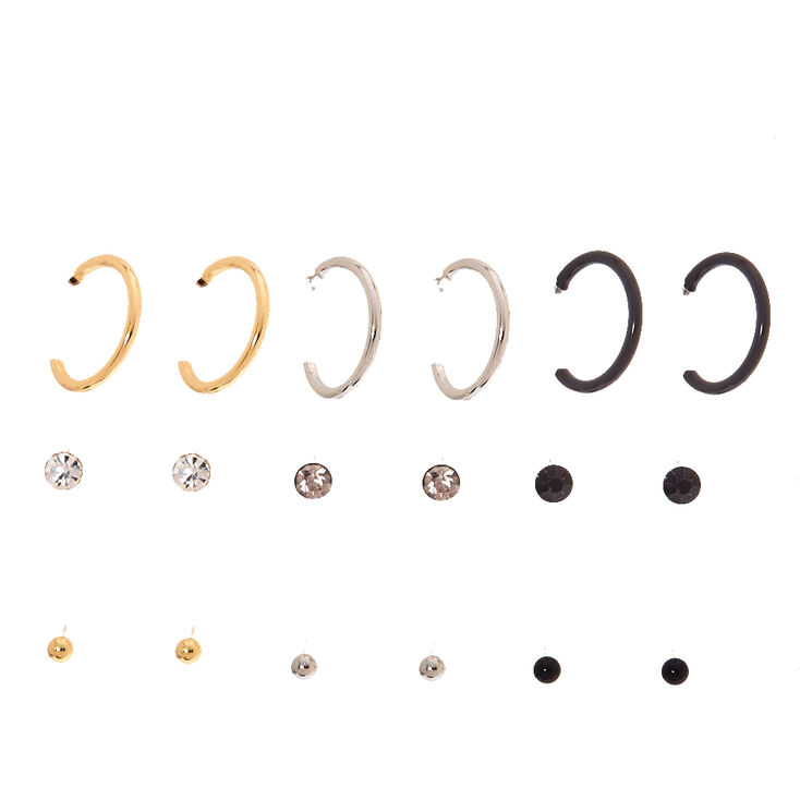 Black, Gold, & Silver Classic Stud & Mini Hoop Earrings,