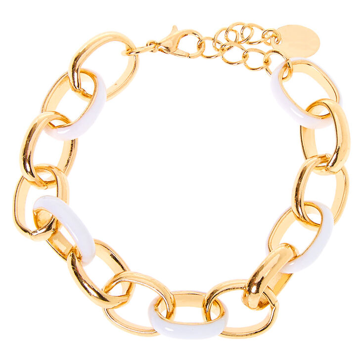 Gold Enamel Link Chain Bracelet - White,