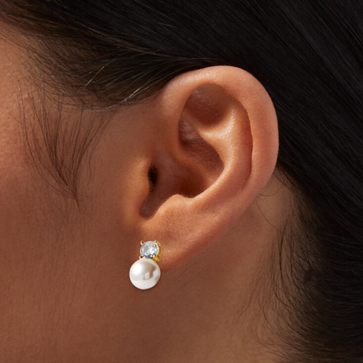 B&#39;Loved by Icing Gold Sterling Silver Cubic Zirconia 5MM Round Stud &amp; Pearl Drop Earrings,