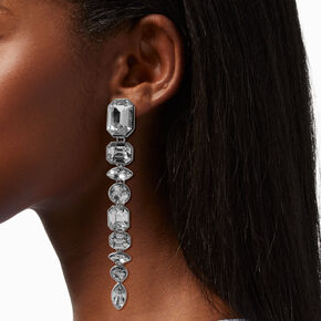 Silver-tone Crystal Gemstone 4&quot; Linear Drop Earrings,