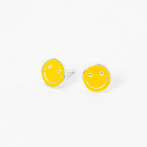 Sterling Silver Smiley Face Stud Earrings - Yellow,
